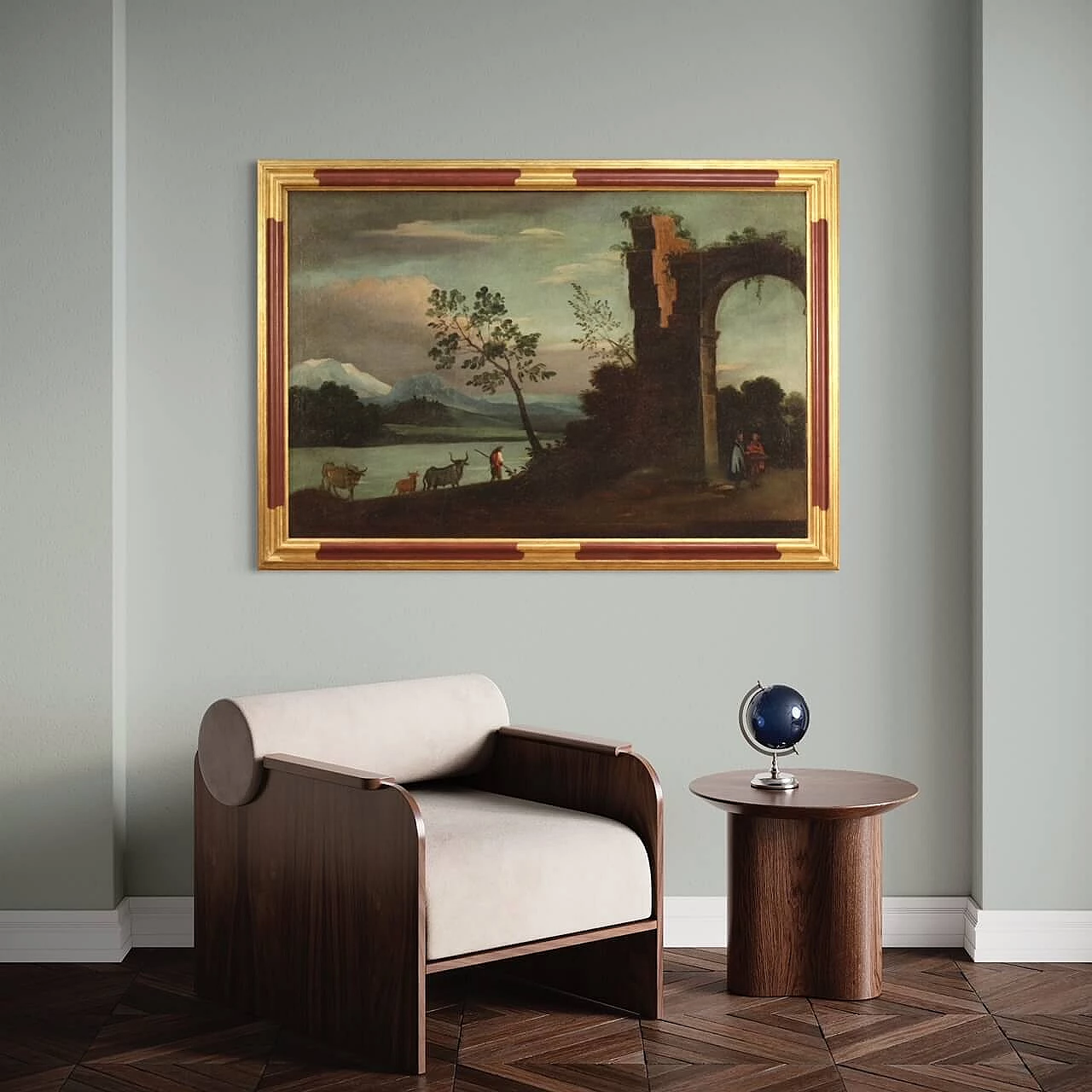 Landscape with ruins, figures and animals, oil painting on canvas, 18th century 1307802