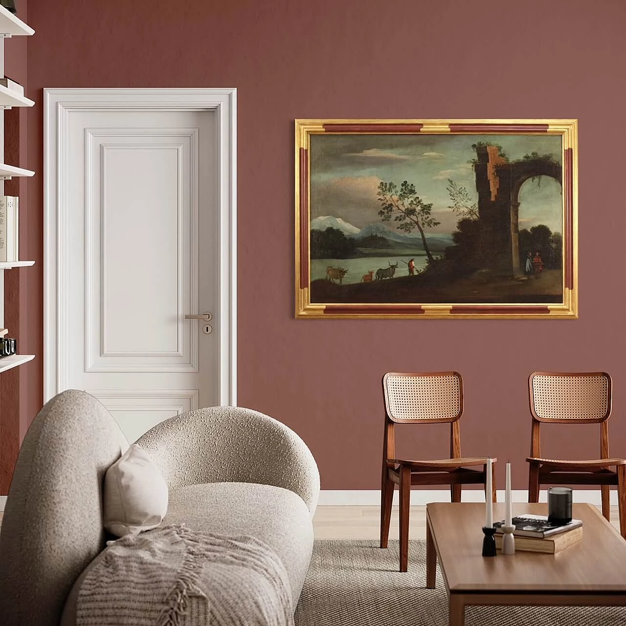 Landscape with ruins, figures and animals, oil painting on canvas, 18th century 1307803