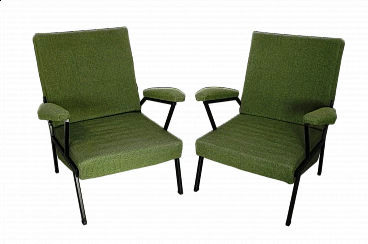 Pair of wood, iron and green fabric armchairs, 1960s
