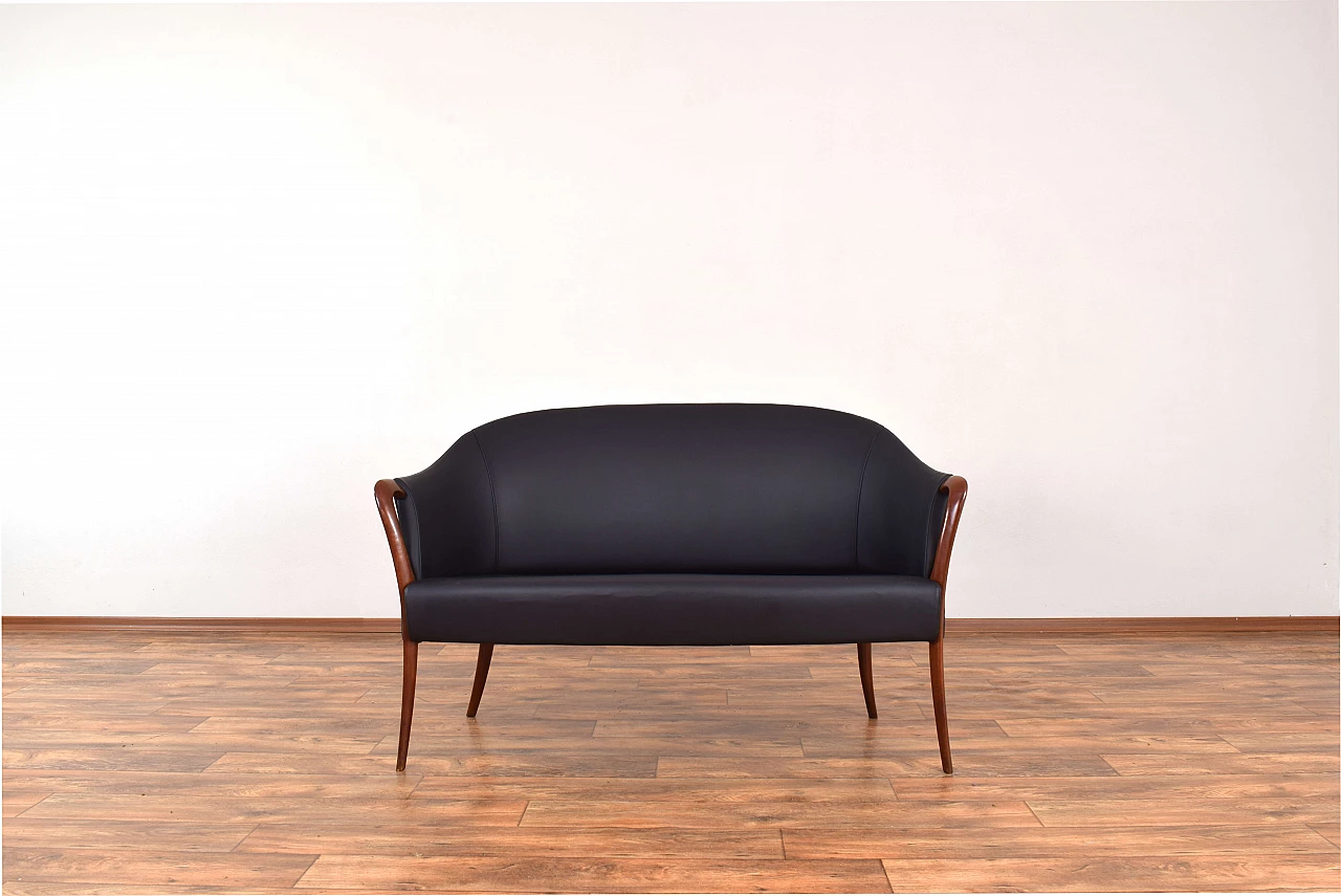 Solid beech and black leather sofa, 1960s 1