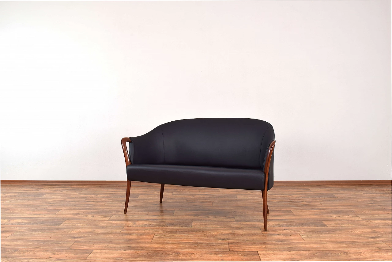 Solid beech and black leather sofa, 1960s 3
