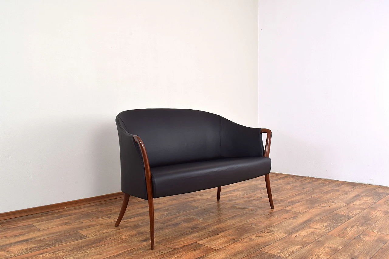 Solid beech and black leather sofa, 1960s 8