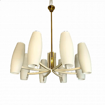 Eight-light brass and opaque opaline glass chandelier, 1950s