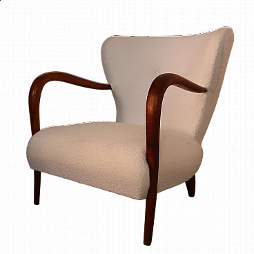 White bouclé fabric armchair with cherry frame, 1940s