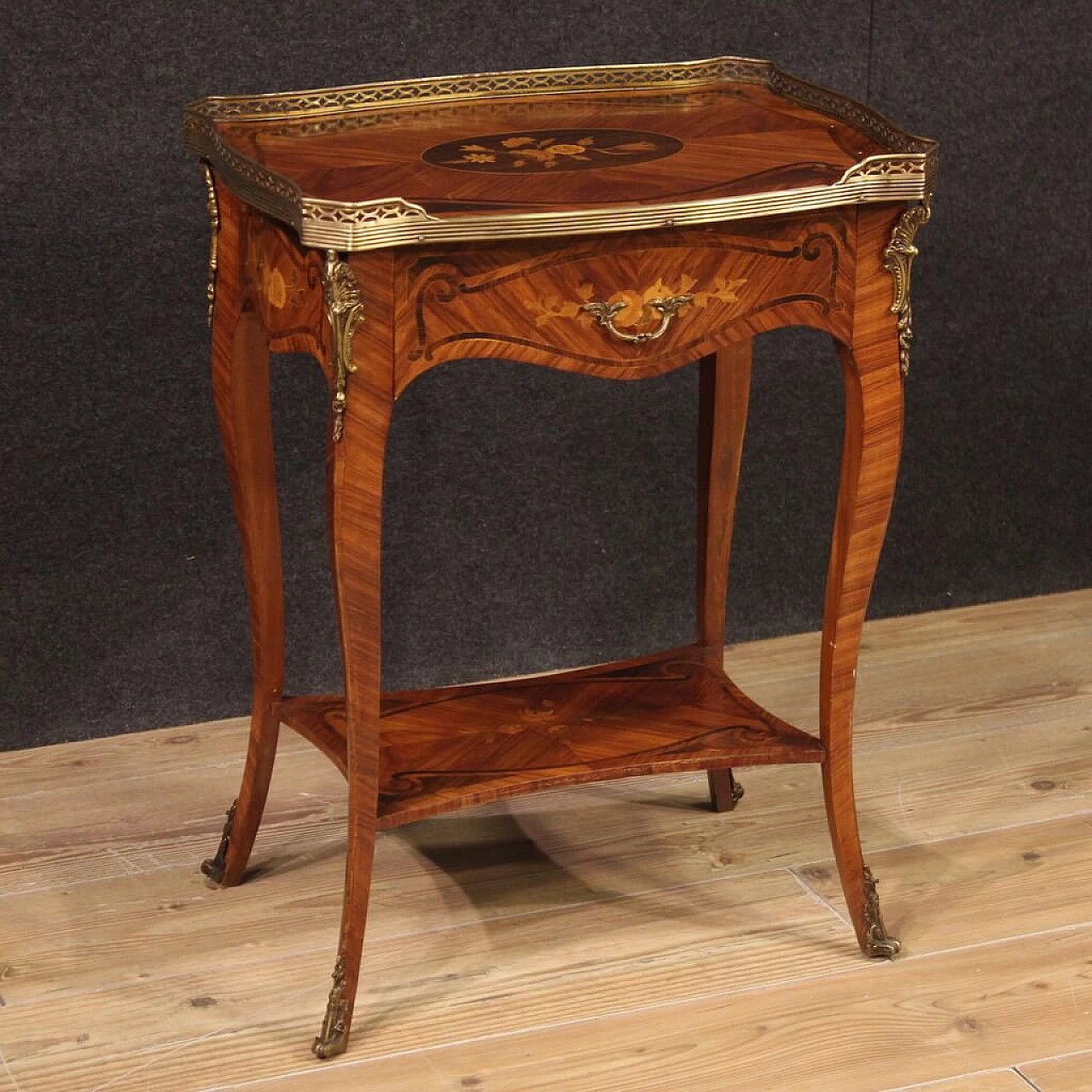 Inlaid side table with top adorned with gilded brass ring, 1960s 1