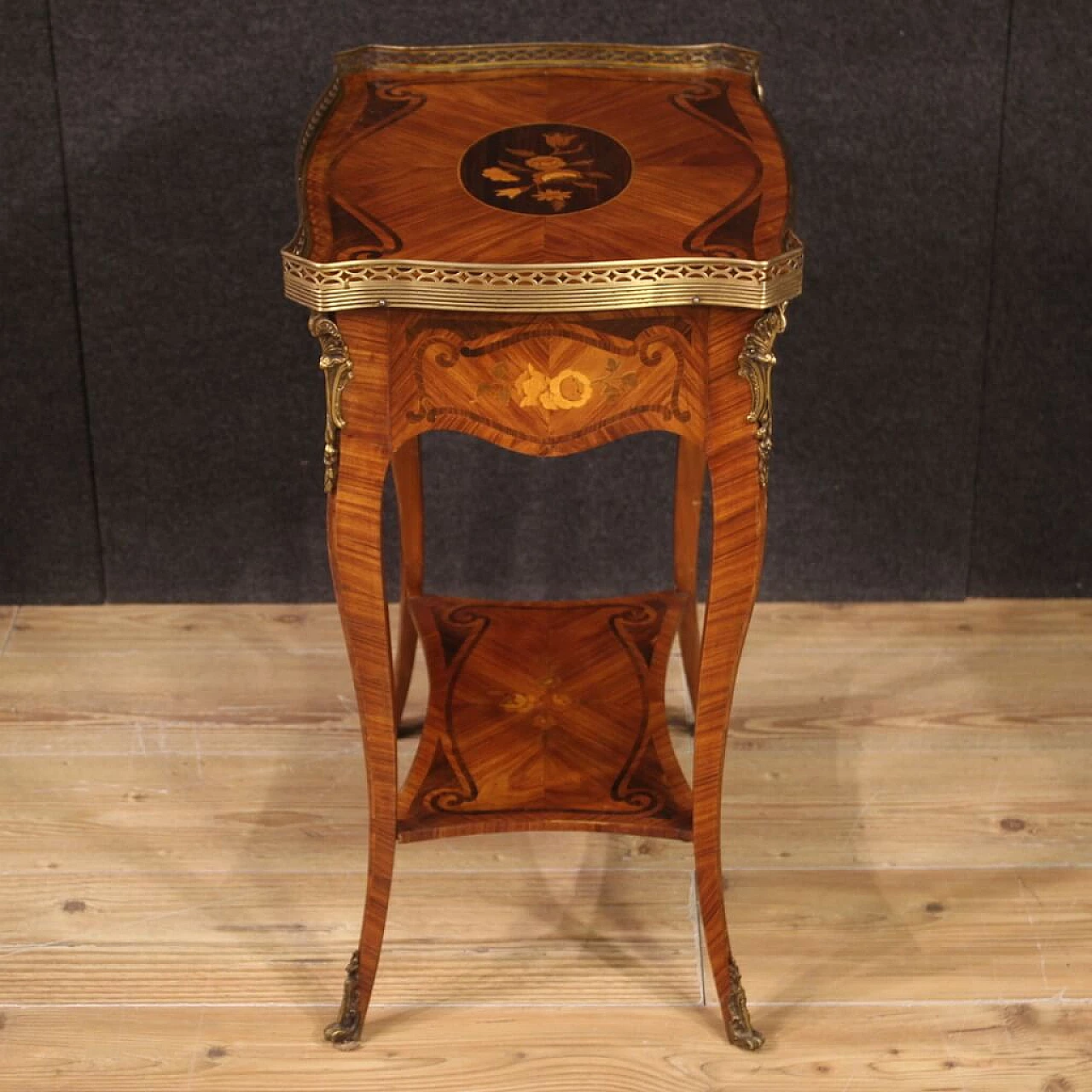 Inlaid side table with top adorned with gilded brass ring, 1960s 3