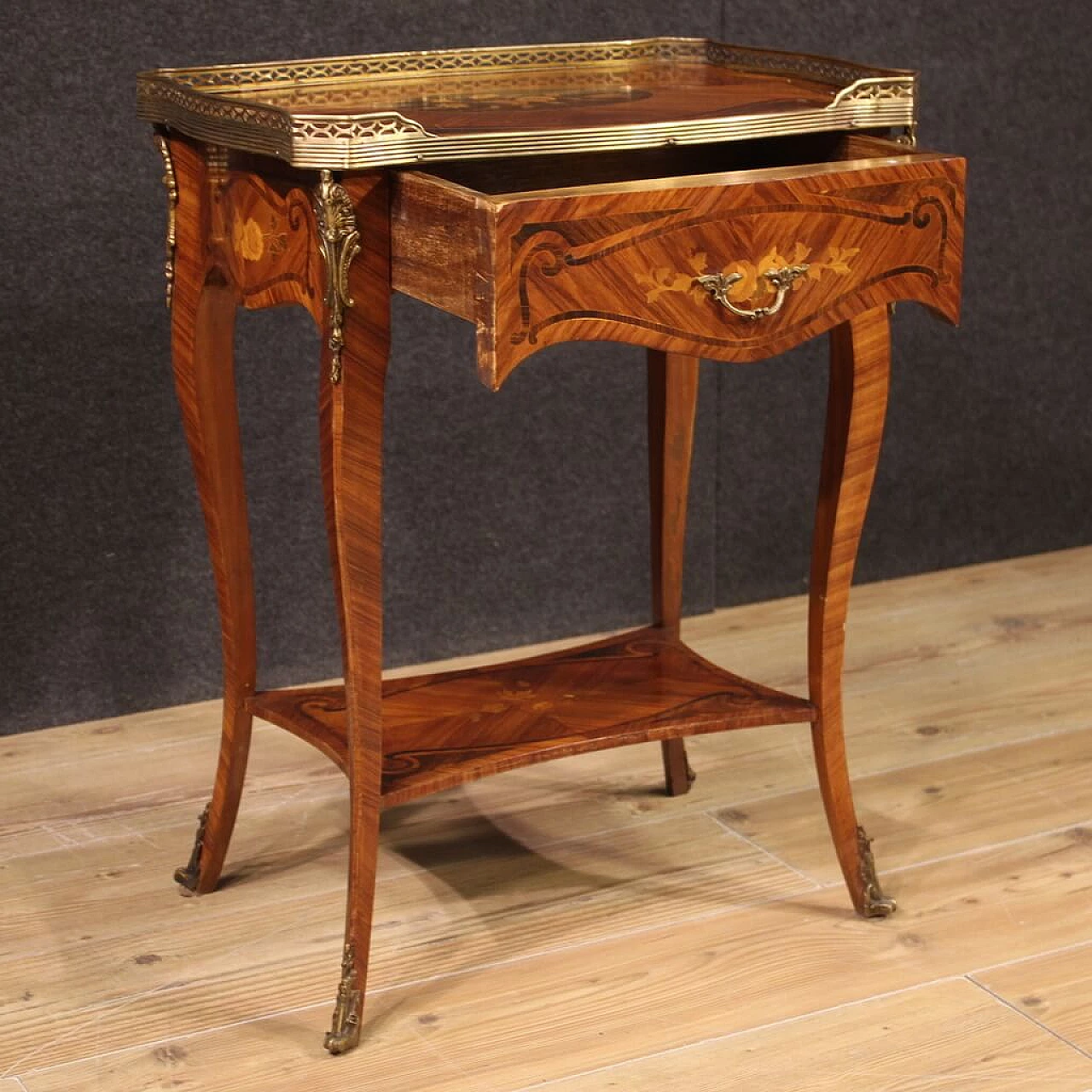 Inlaid side table with top adorned with gilded brass ring, 1960s 7