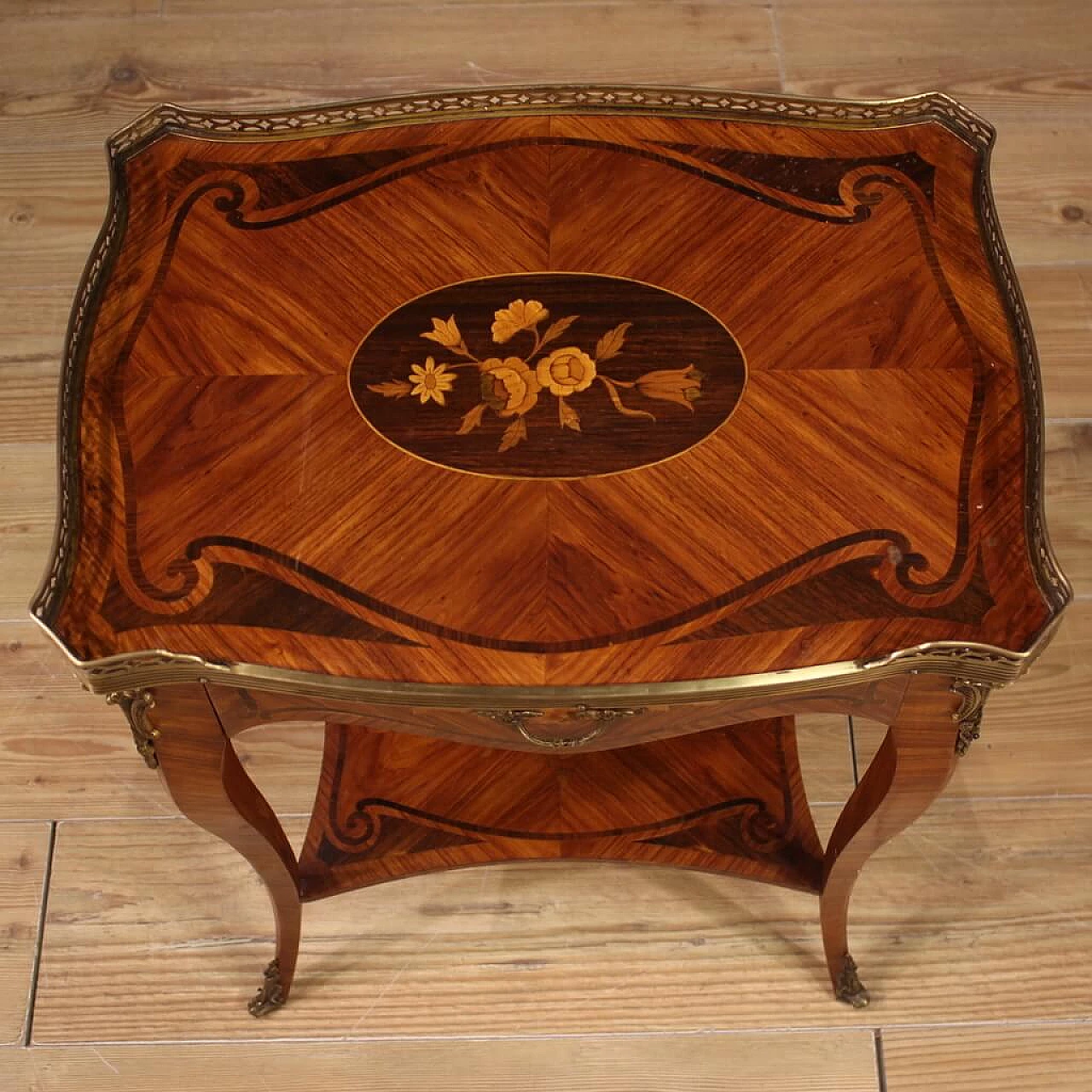 Inlaid side table with top adorned with gilded brass ring, 1960s 8