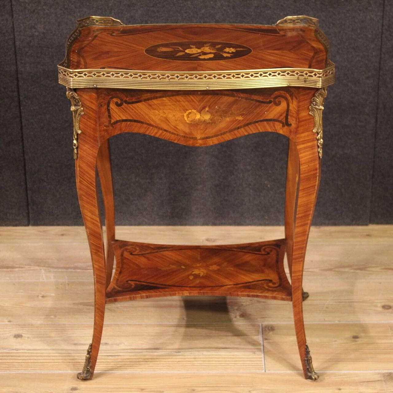 Inlaid side table with top adorned with gilded brass ring, 1960s 9
