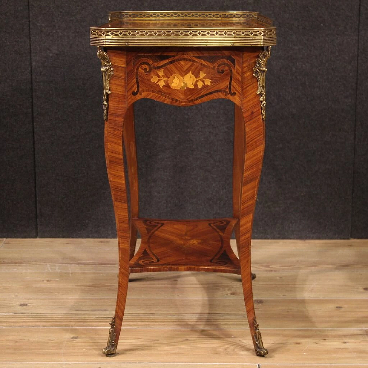 Inlaid side table with top adorned with gilded brass ring, 1960s 12