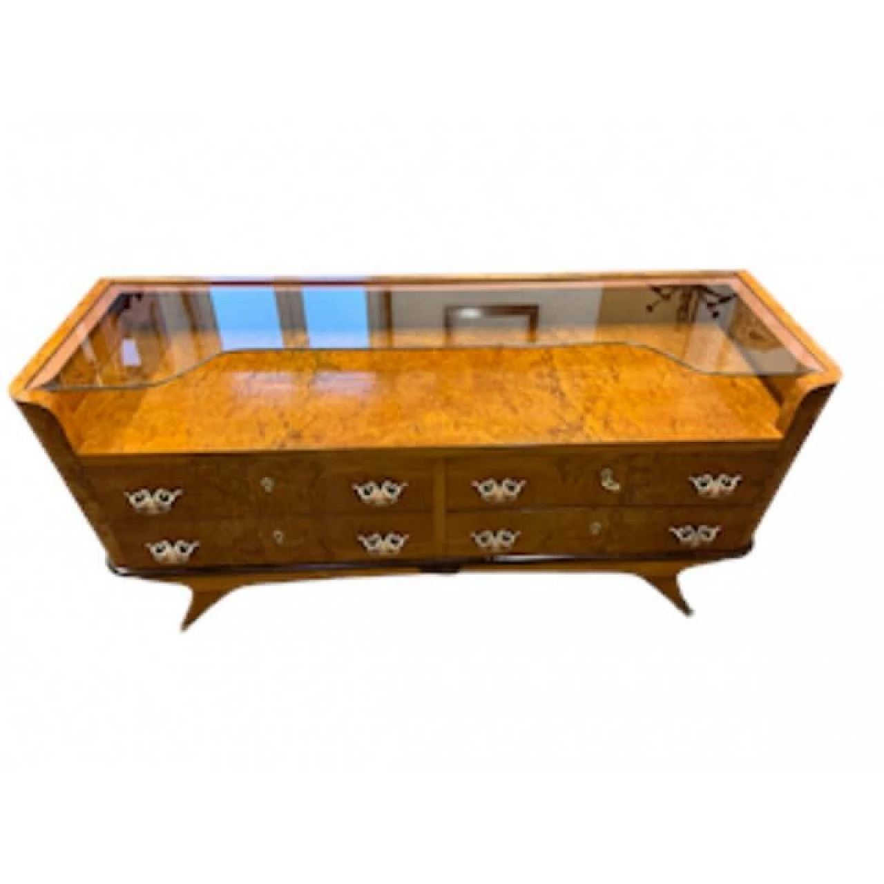 Cassettiera in radica di betulla con fronte a quattro cassetti e piano in vetro, anni '50 3