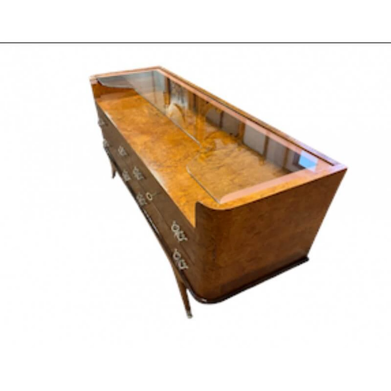 Cassettiera in radica di betulla con fronte a quattro cassetti e piano in vetro, anni '50 4