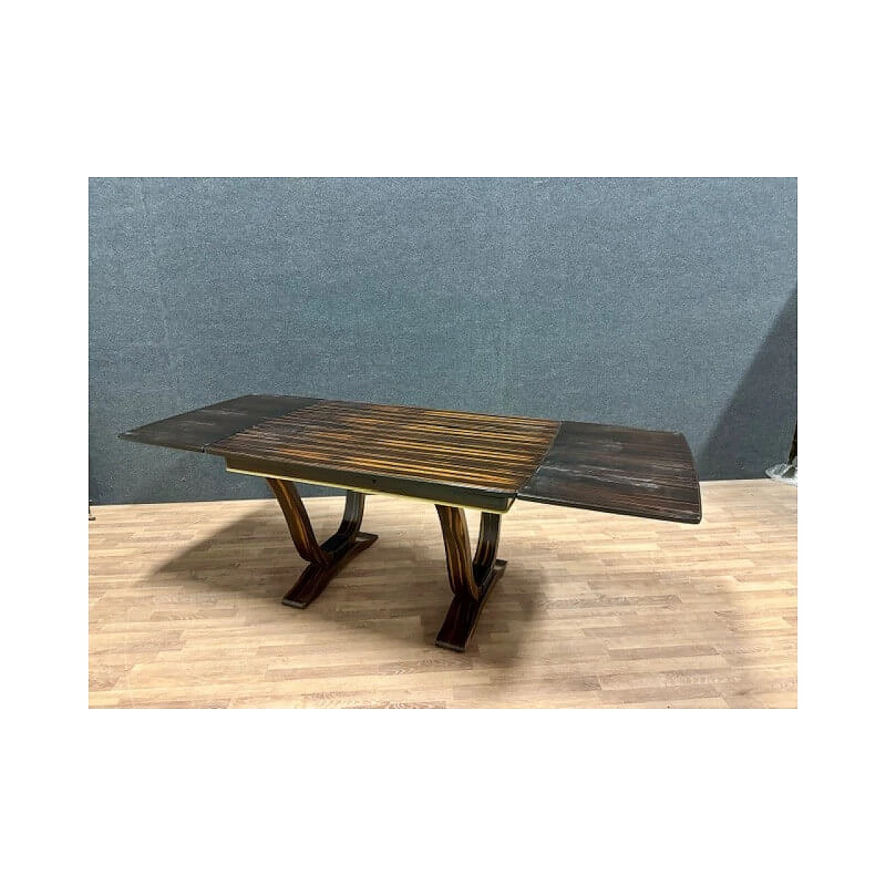 Extending Art Deco table in solid oak plated with Makassar ebony, 1930s 12