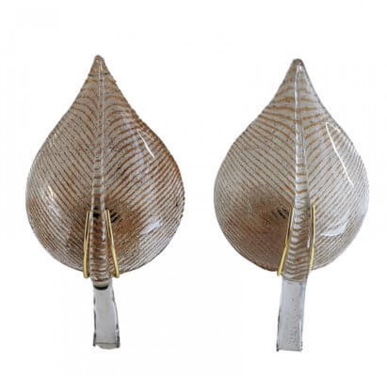 Pair of transparent and gilded Murano glass leaf wall lights, 1980s 1