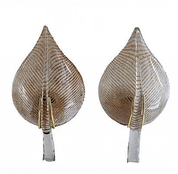 Pair of transparent and gilded Murano glass leaf wall lights, 1980s