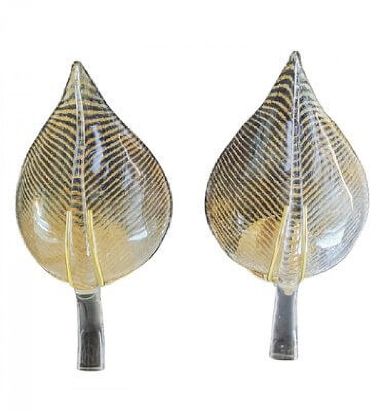 Pair of transparent and gilded Murano glass leaf wall lights, 1980s 2