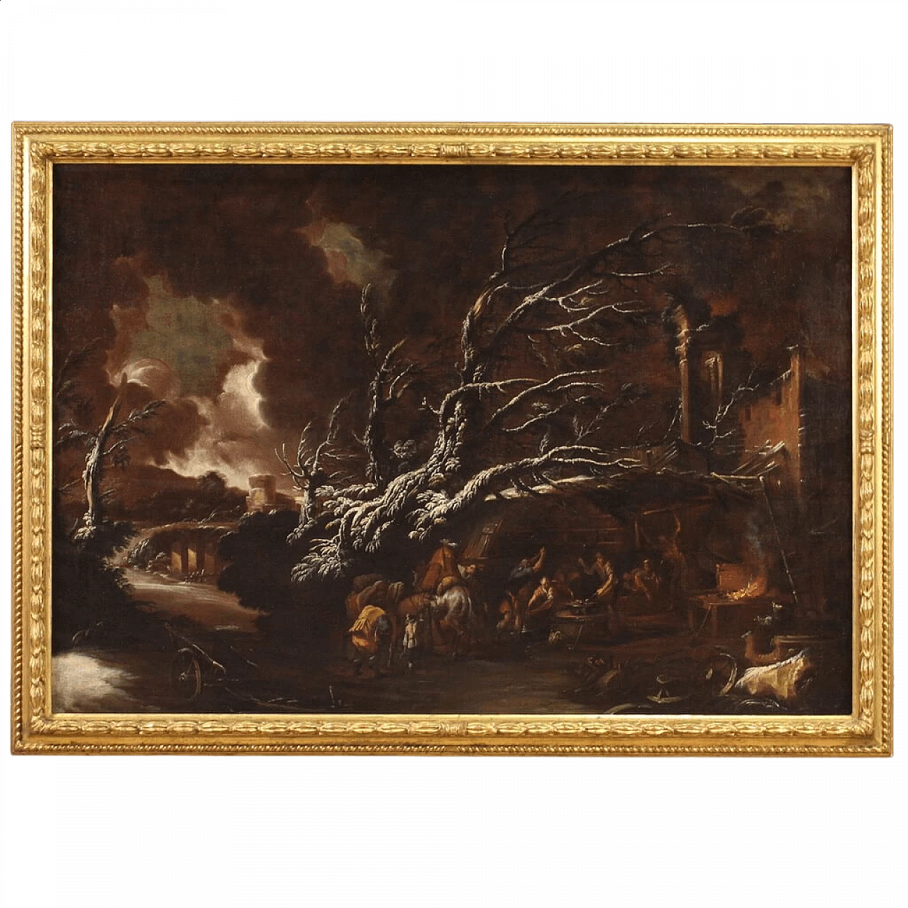 Paesaggio innevato con fucina del maniscalco, dipinto a olio su tela, prima metà del '700 16