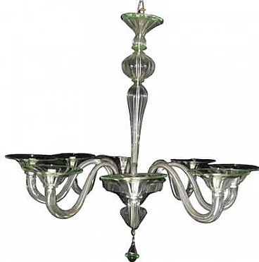 Transparent Murano glass chandelier with green details, 1980s