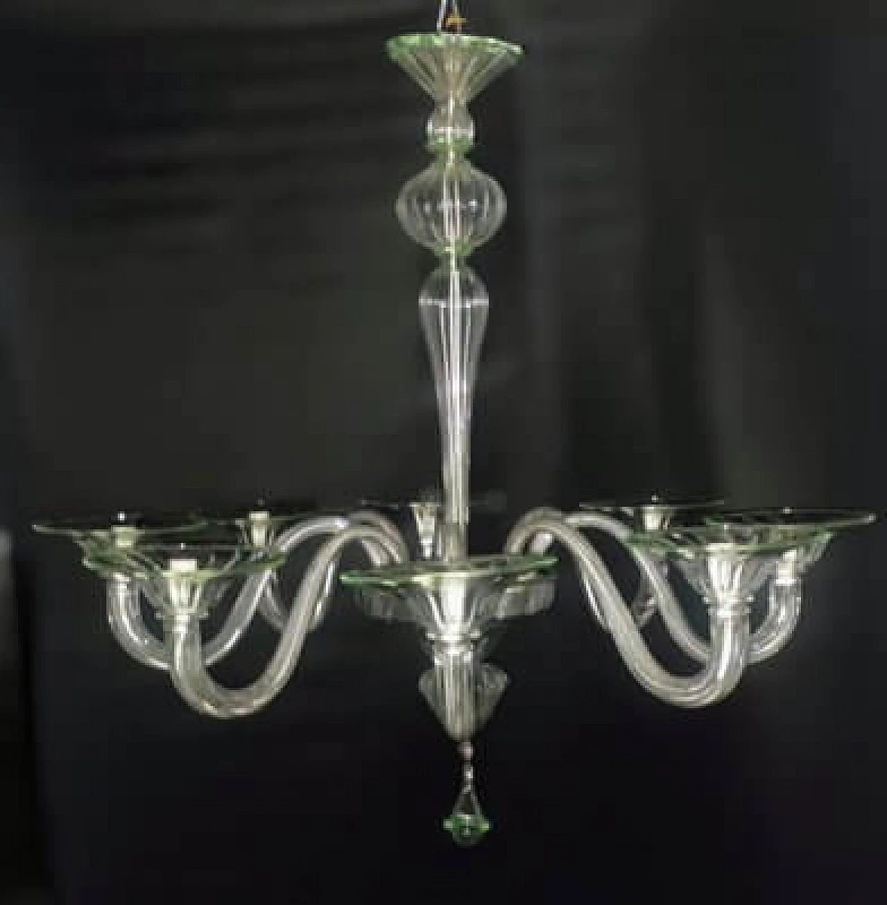 Lampadario in vetro di Murano trasparente con dettagli verdi, anni '80 2