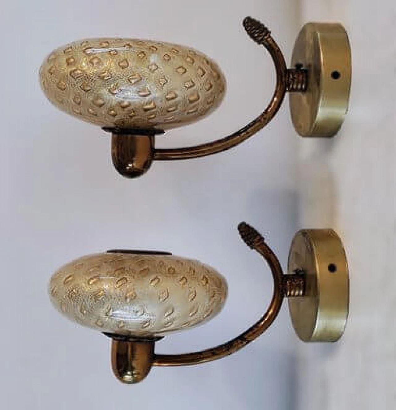 Brass-plated metal and Murano glass wall sconce, 1950s 15