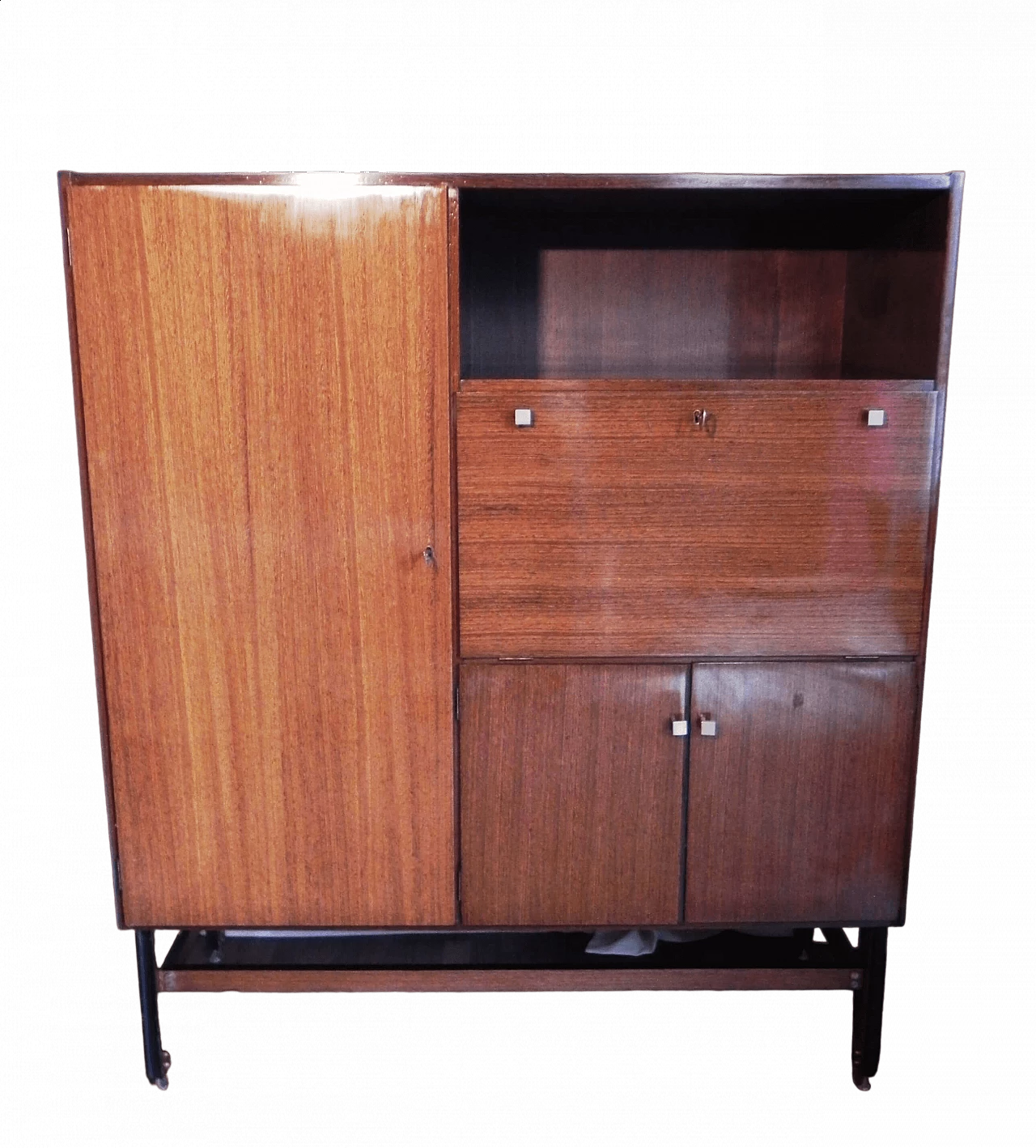 Credenza con vano bar in legno impiallacciato teak, anni '50 17