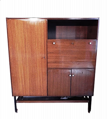 Credenza con vano bar in legno impiallacciato teak, anni '50