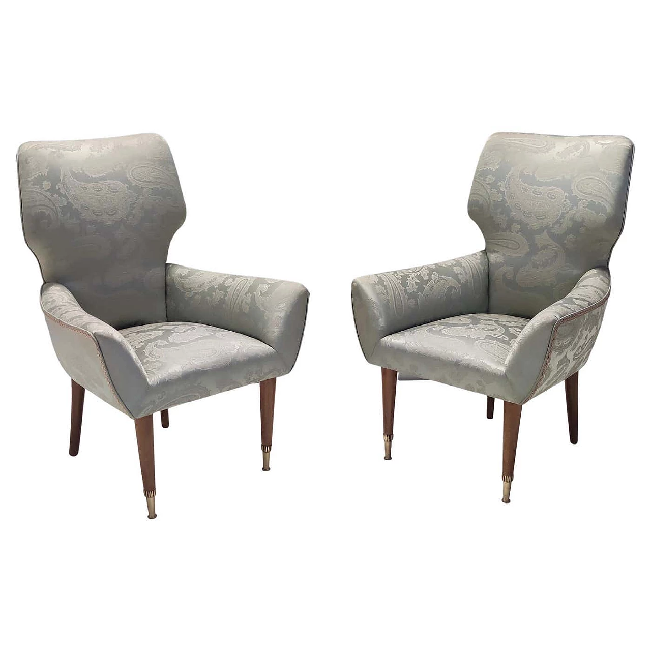 Pair of satin lounge chairs with walnut frame and brass feet, 1950s 1