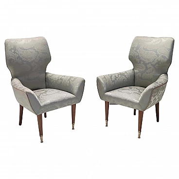 Pair of satin lounge chairs with walnut frame and brass feet, 1950s