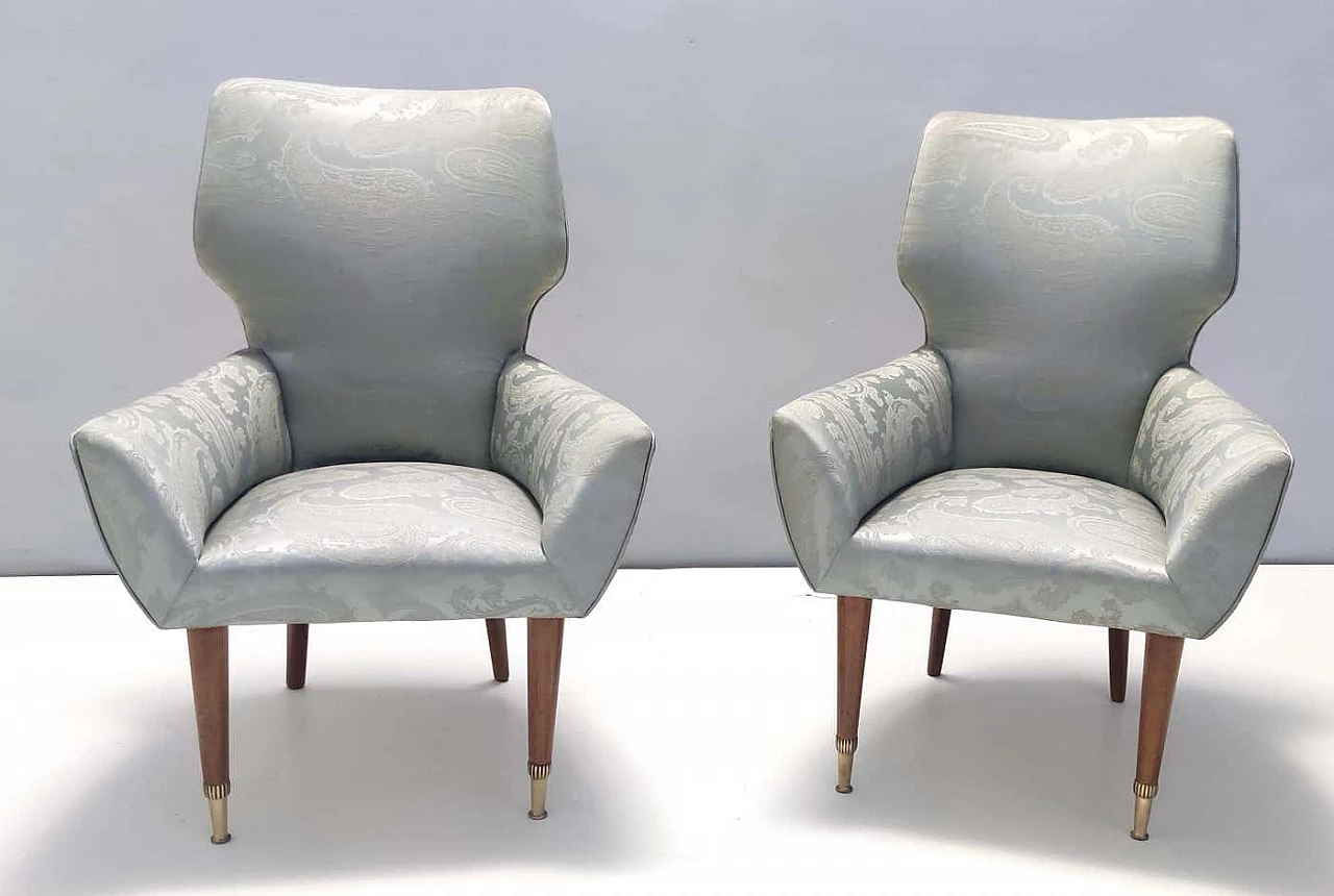 Pair of satin lounge chairs with walnut frame and brass feet, 1950s 2