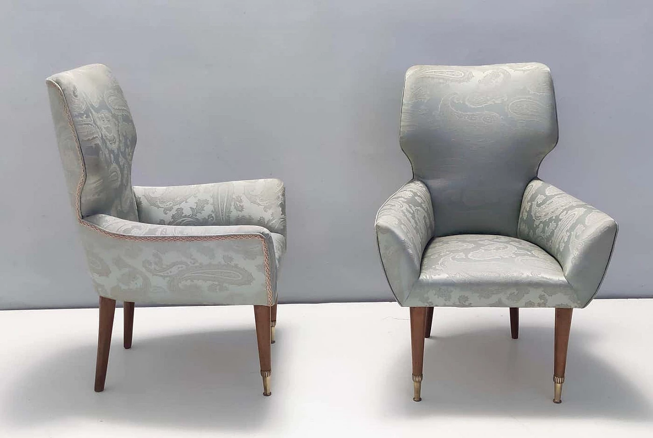 Pair of satin lounge chairs with walnut frame and brass feet, 1950s 16