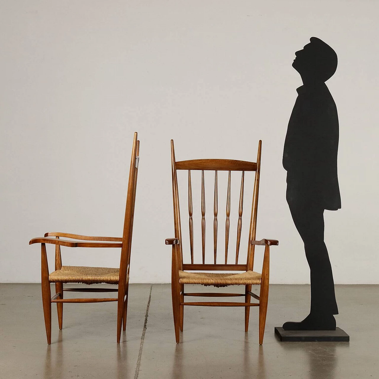 Pair of straw armchairs with batten backrest, 1950s 2