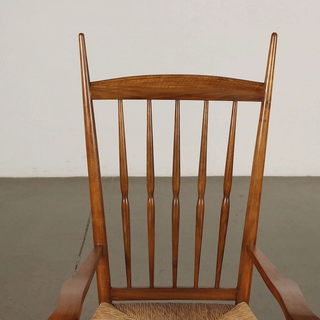 Pair of straw armchairs with batten backrest, 1950s 3