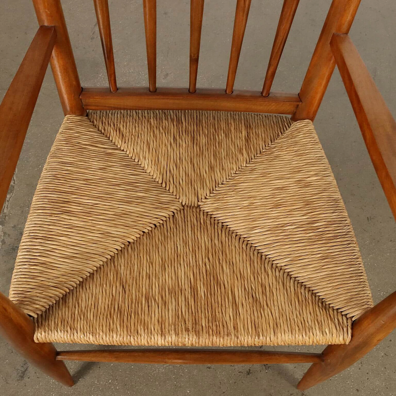 Pair of straw armchairs with batten backrest, 1950s 4