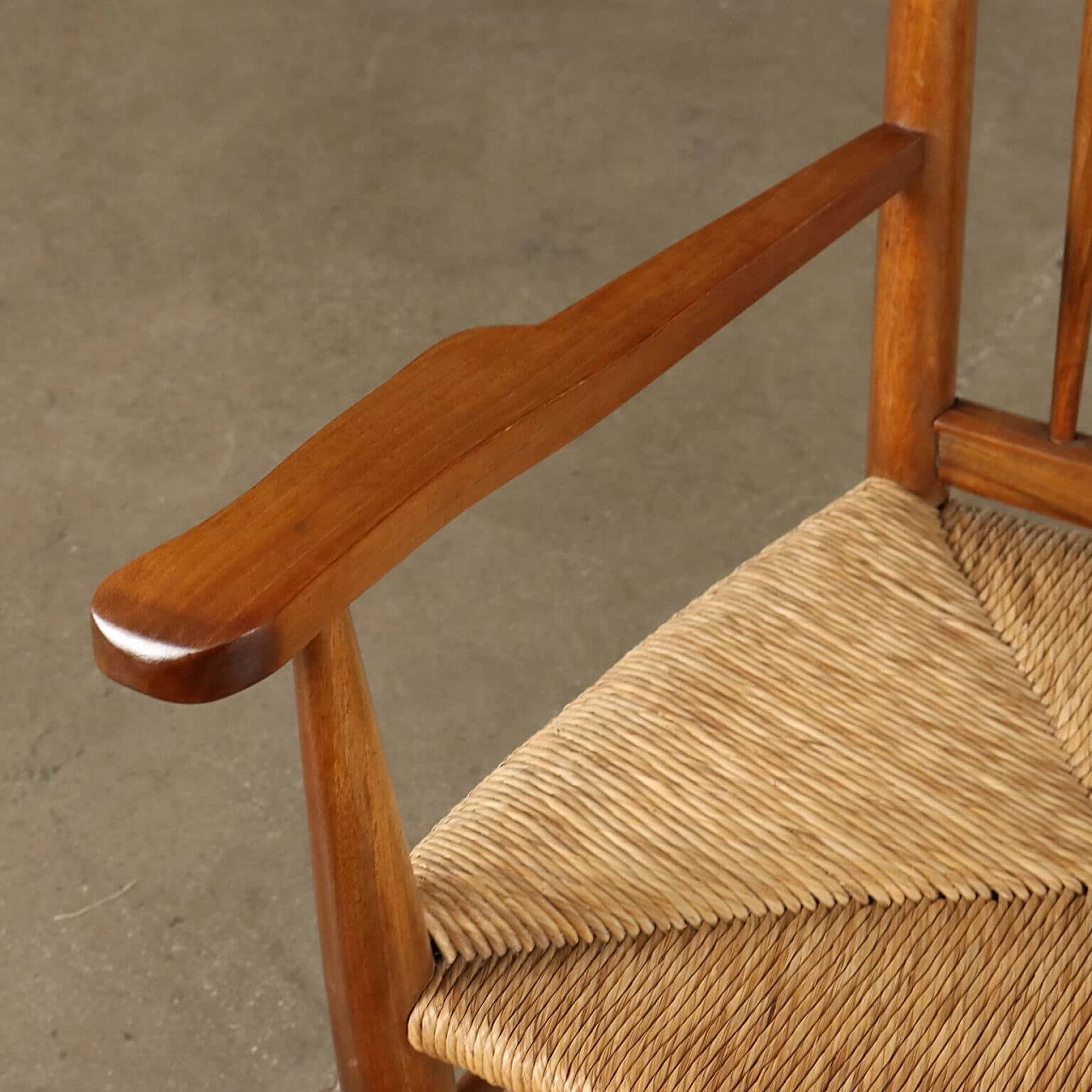 Pair of straw armchairs with batten backrest, 1950s 5