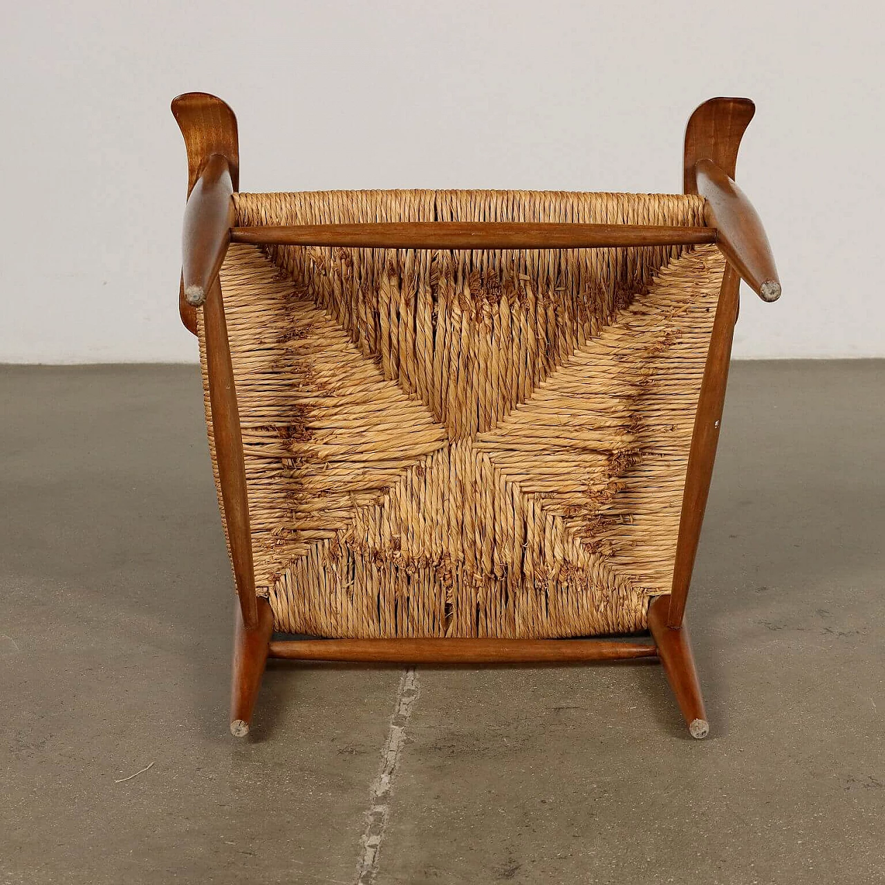 Pair of straw armchairs with batten backrest, 1950s 7