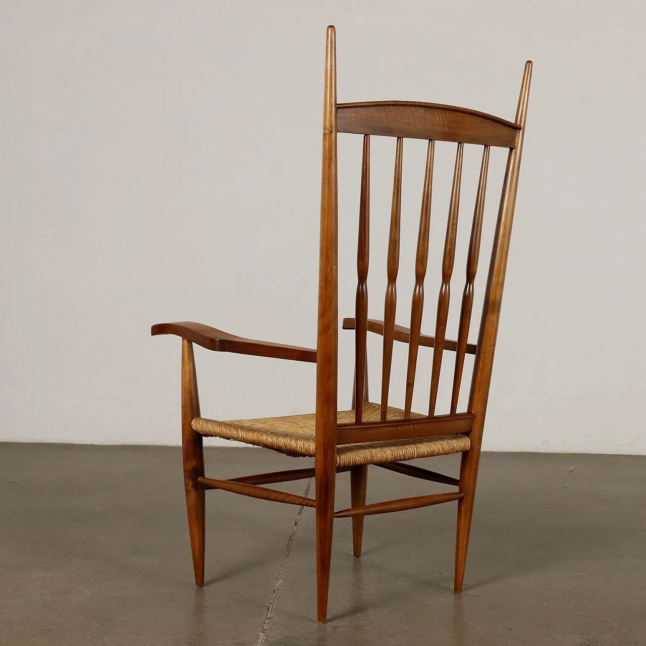 Pair of straw armchairs with batten backrest, 1950s 8