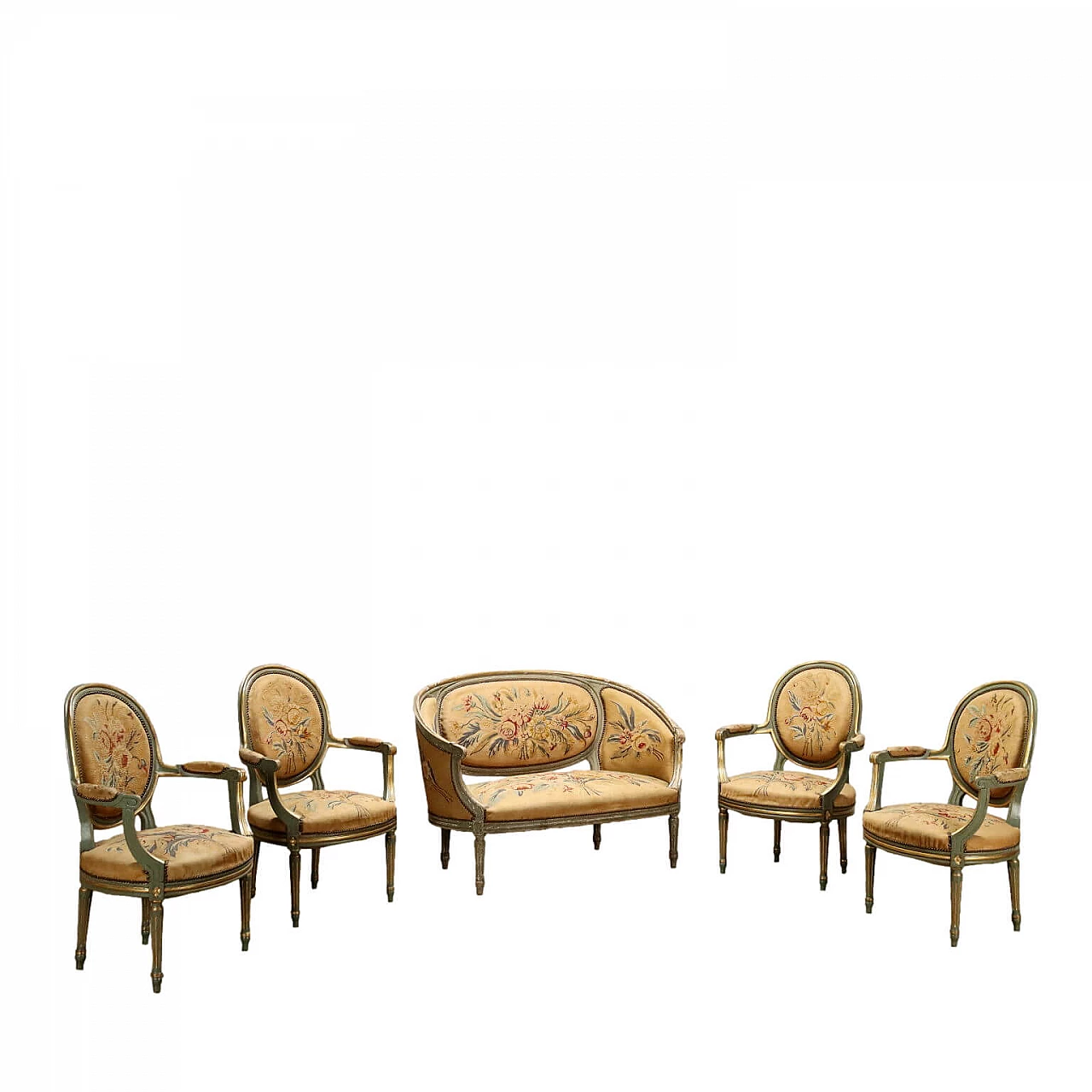 4 Neoclassical style lacquered and gilded wood armchairs and sofa, early 20th century 1