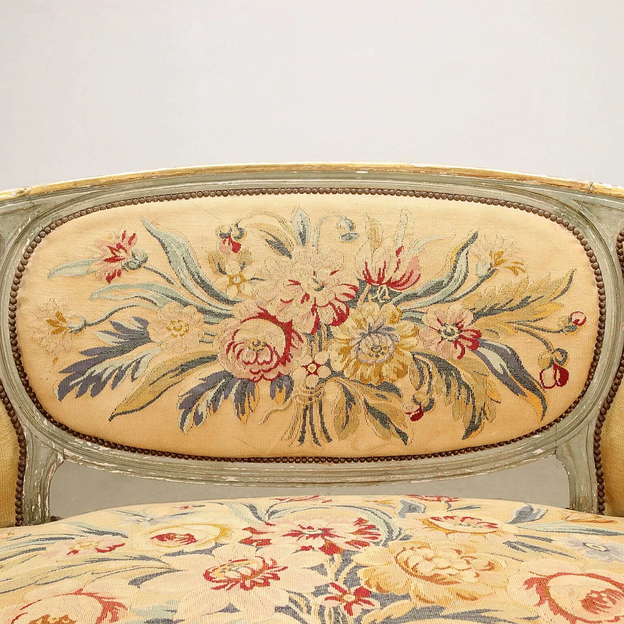 4 Neoclassical style lacquered and gilded wood armchairs and sofa, early 20th century 5