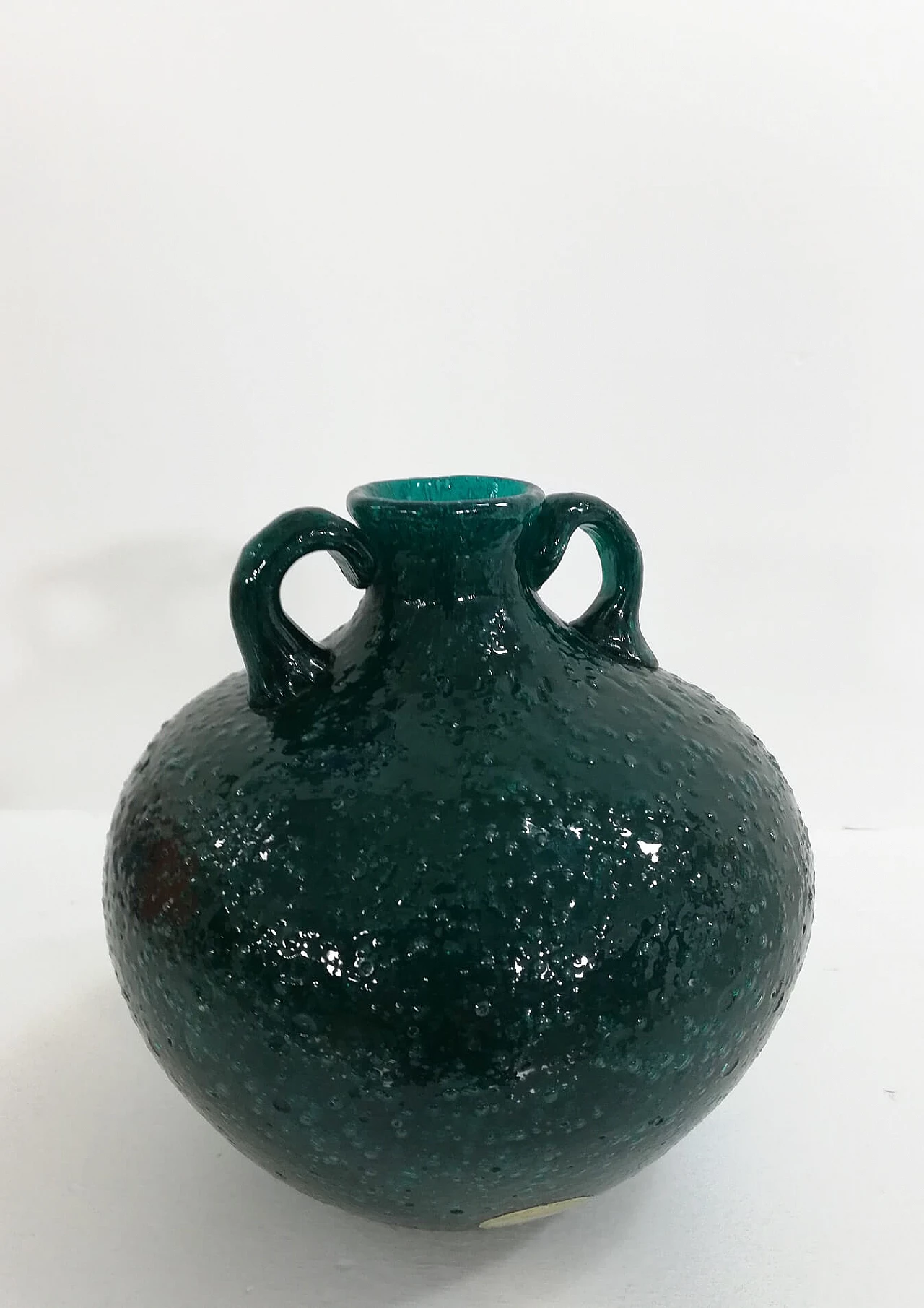 Vaso Biansato in vetro pulegoso verde di Murano di Seguso, anni '30 1
