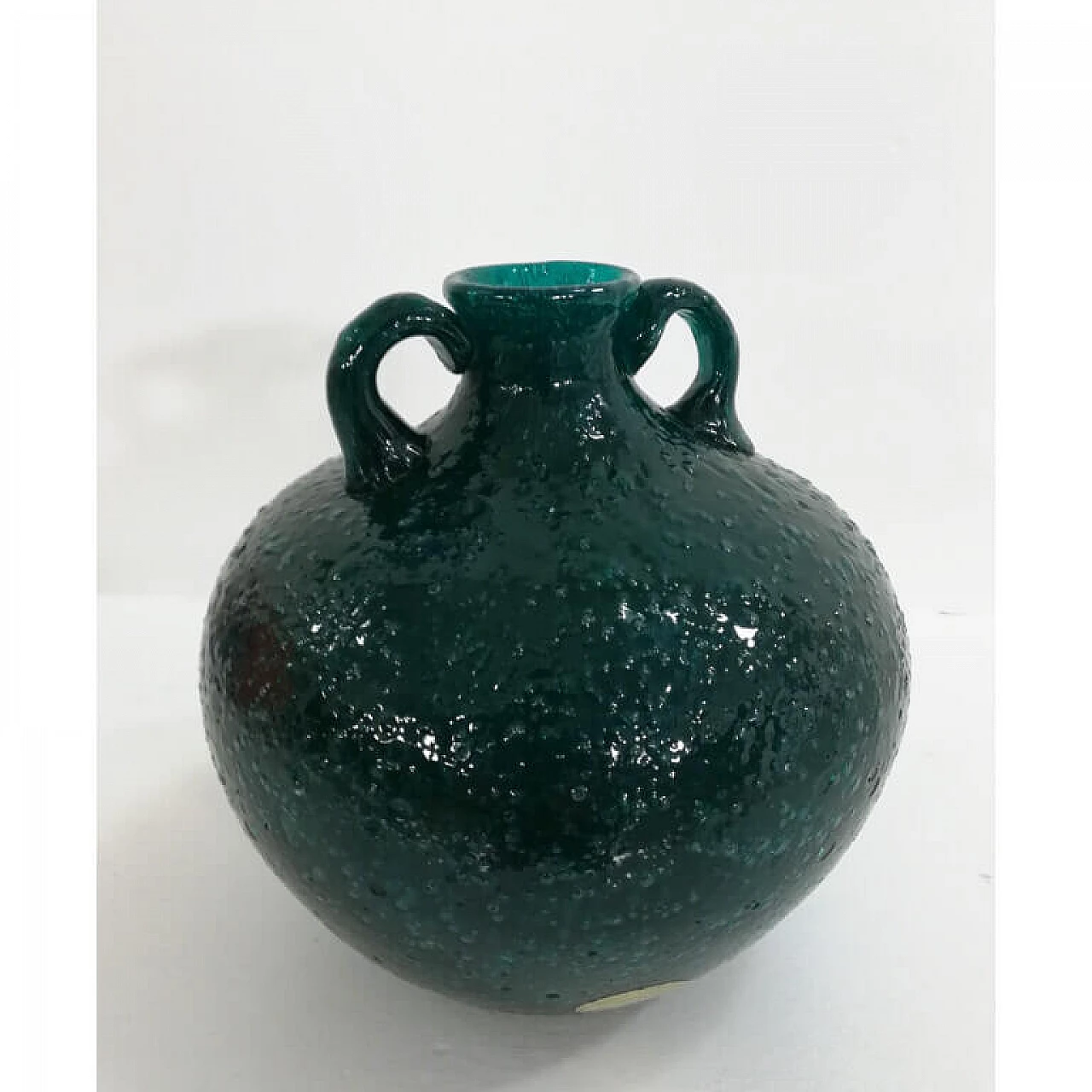 Vaso Biansato in vetro pulegoso verde di Murano di Seguso, anni '30 7