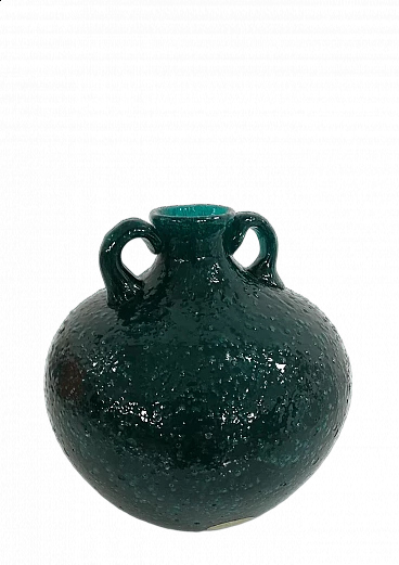 Vaso Biansato in vetro pulegoso verde di Murano di Seguso, anni '30