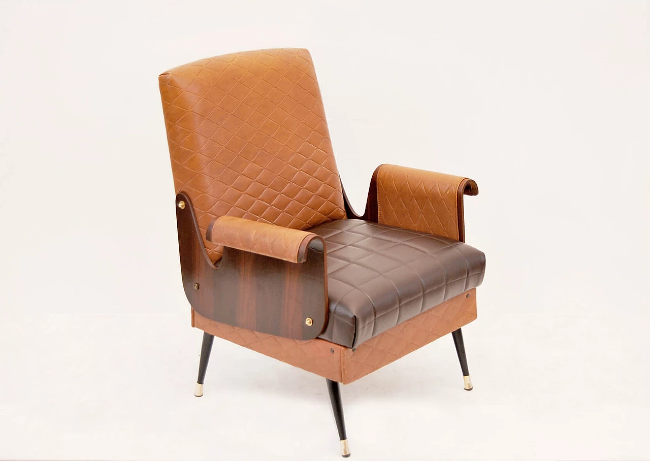 Poltrona Mid-Century in noce ed ecopelle, Made in Italy, Anni '60 1