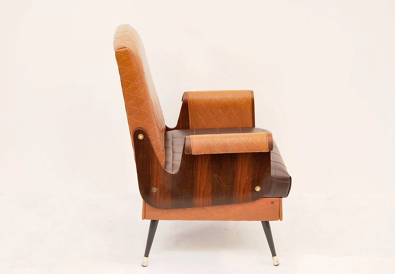 Walnut and faux leather armchair, 1960s 5