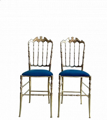 Chiavarine chairs in polished brass and blue velvet, 1960s