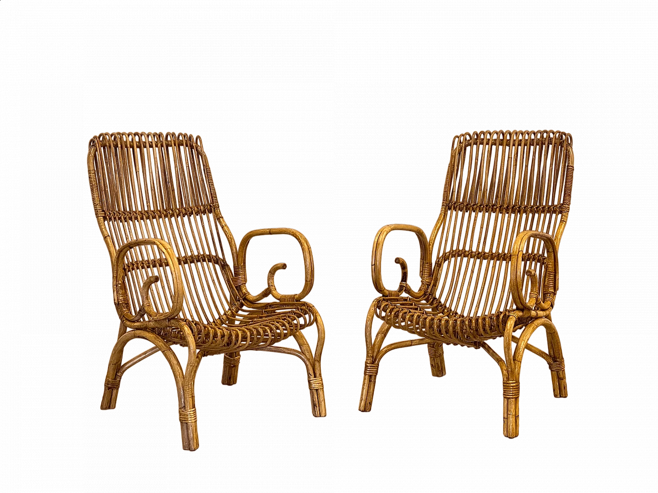 Coppia di poltrone in bambù, anni '70 14