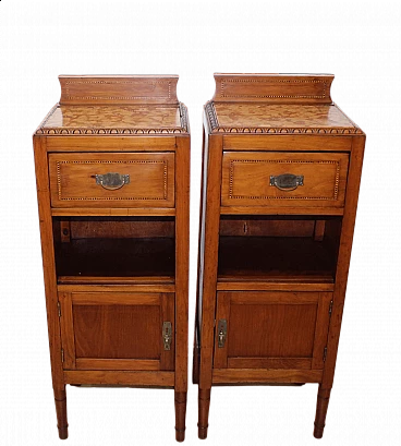 Pair of solid walnut bedside tables with marble top, early 20th century