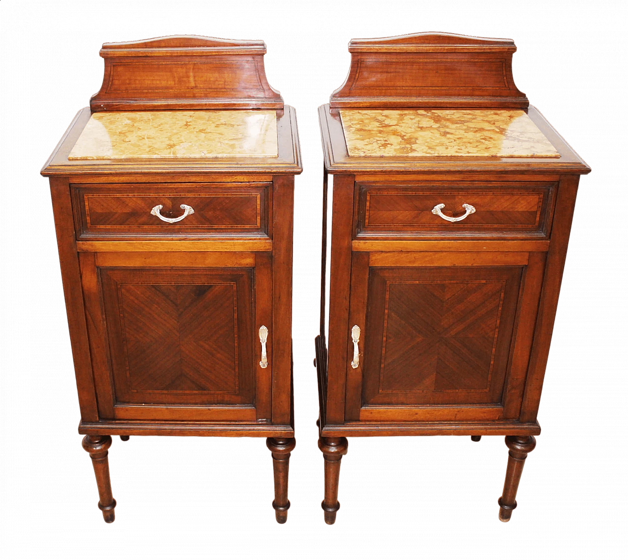 Pair of solid walnut bedside tables with inlays and pink marble top, 1920s 10