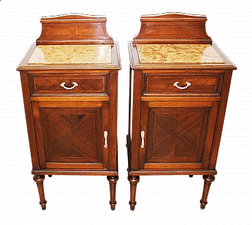 Pair of solid walnut bedside tables with inlays and pink marble top, 1920s