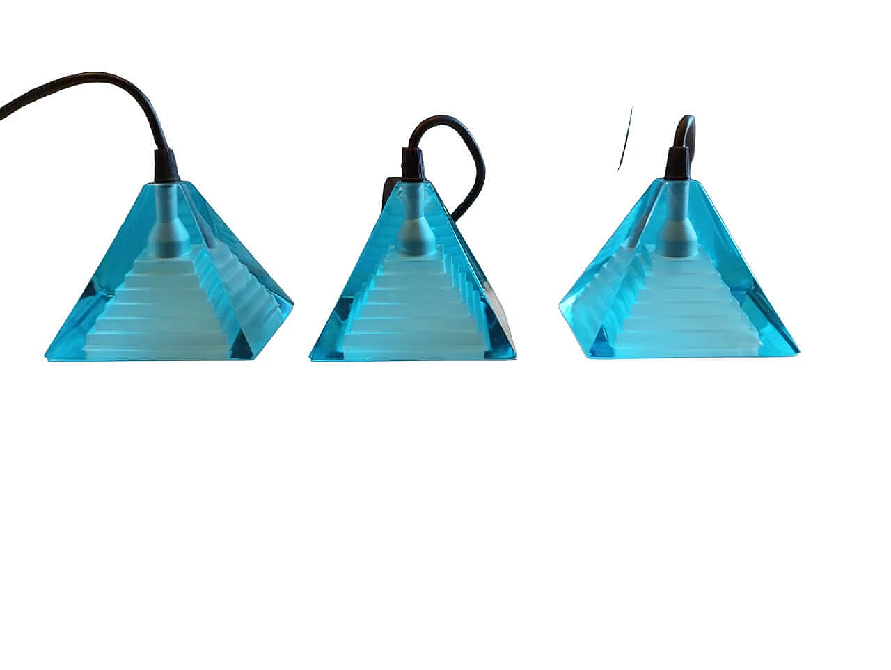 3 Blue Pyramid pendant lamps by Paolo Piva for Mazzega, 1980s 1