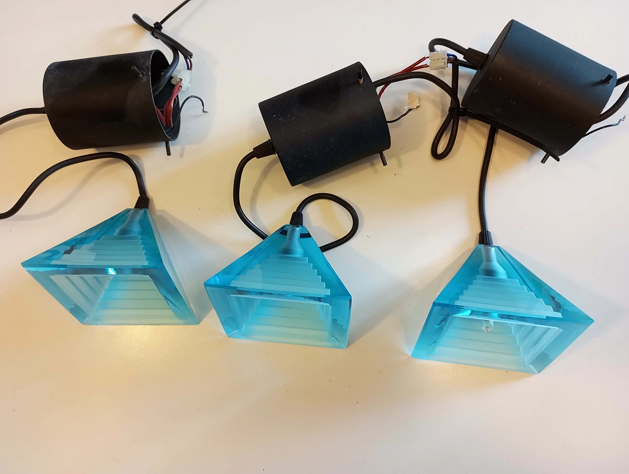 3 Blue Pyramid pendant lamps by Paolo Piva for Mazzega, 1980s 3